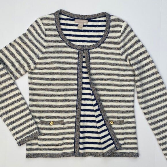 NWOT Banana Republic Ivory & Navy Lurex Stripe Cardigan With Pockets Size M - Picture 2 of 10